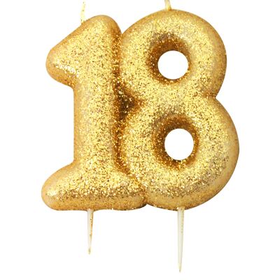 Age 18 Glitter Numeral Moulded Pick Candle Gold