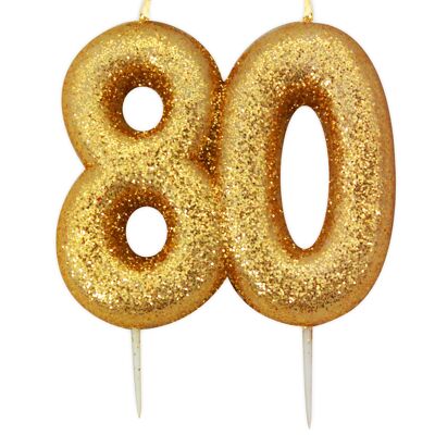 Age 80 Glitter Numeral Moulded Pick Candle Gold