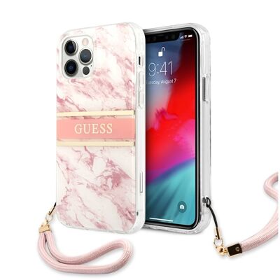 Coque Guess Marble Strap avec lanière nylon pour iPhone 12 et iPhone 12 Pro - Rose