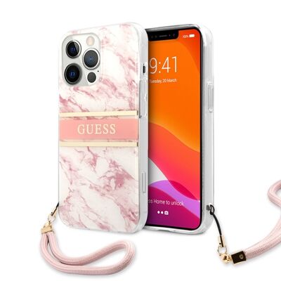 Coque Guess Marble Strap avec lanière nylon pour iPhone 13 Pro - Rose