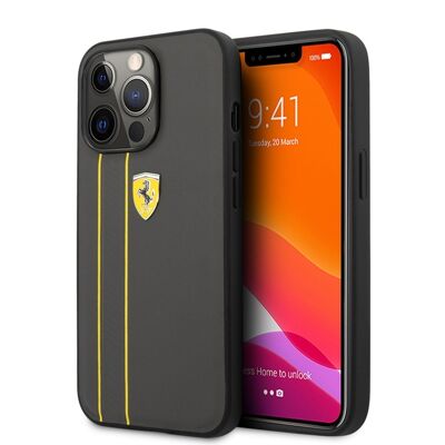 Coque FERRARI Stripes en cuir véritable pour iPhone 13 Pro - Gris/Jaune