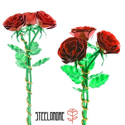 1 - Steel rose bouquet red green with decorative chain - in gold color