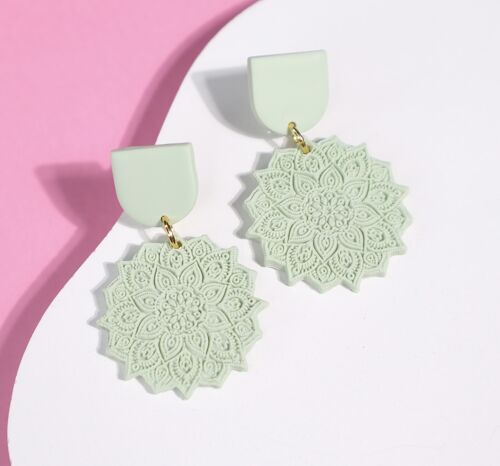 Sage Green Floral Mandala Textured Polymer Clay Earrings