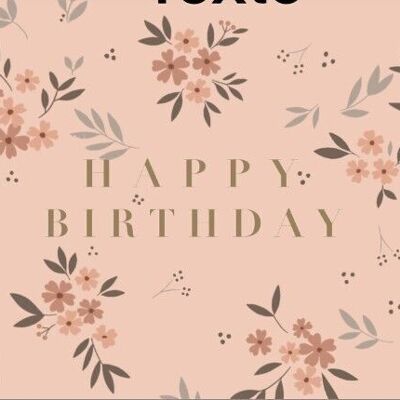 Carte Happy Birthday rose avec texte en dorure