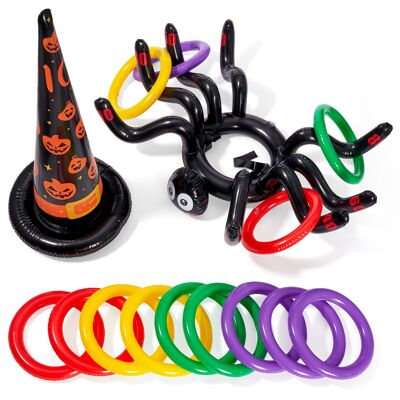14 Pieces Halloween Ring Toss Game Set - Inflatable Rings, Spider, Witch Hat for Kids & Adults Party Favours