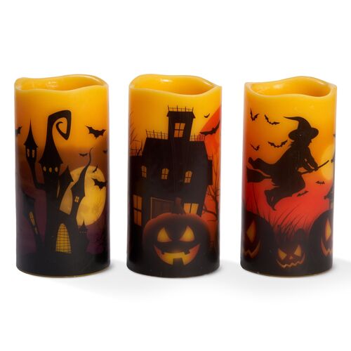 3 Halloween Real Wax Flameless Candles, LED Battery Operated Pillar Candles