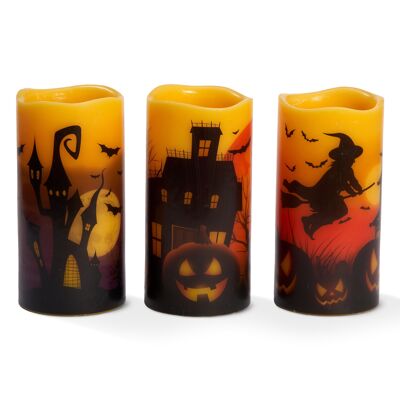 3 bougies sans flamme en cire véritable d'Halloween, bougies pilier à piles LED