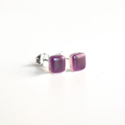 Dark lilac stud earrings, Glass and 925 sterling silver