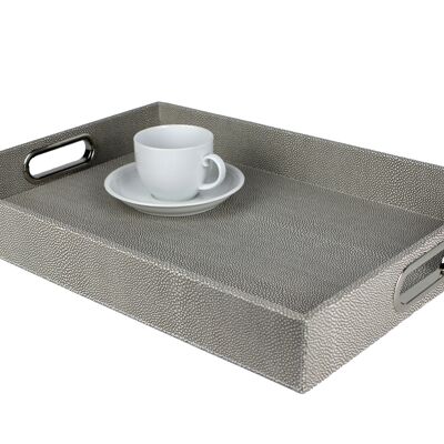 Rectangular tray with stainless steel handles, ray skin gray