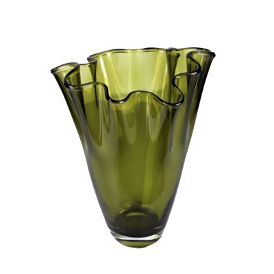 Vase, verre ondulé, vert olive