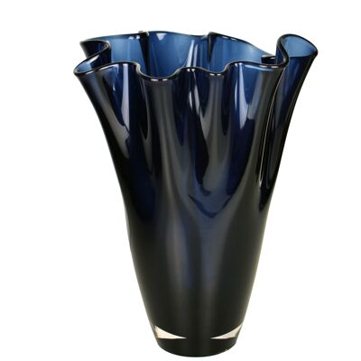 Vase, verre ondulé, bleu foncé