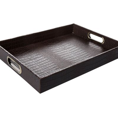 Rectangular tray with brass handles crocodile dark brown