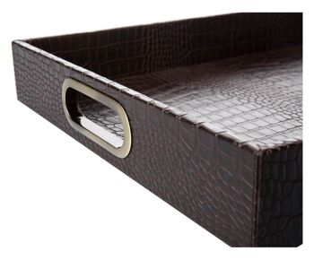 Plateau rectangulaire avec poignées en laiton crocodile marron foncé 2