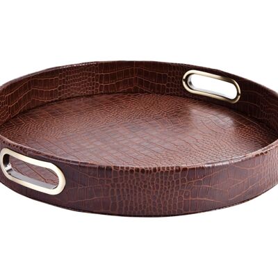 Round tray in crocodile light brown with brass handles