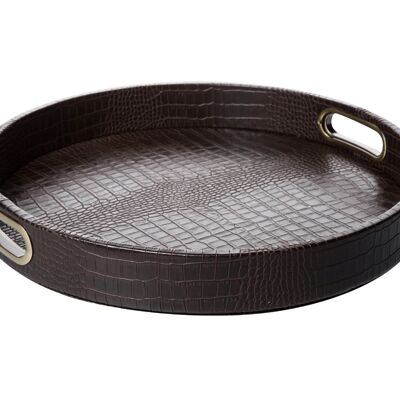 Round tray, dark brown crocodile, with brass handles