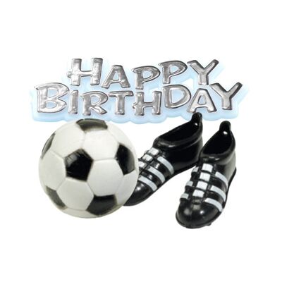 Tortenaufsatz mit Fußball, Stiefeln und Happy Birthday-Motto