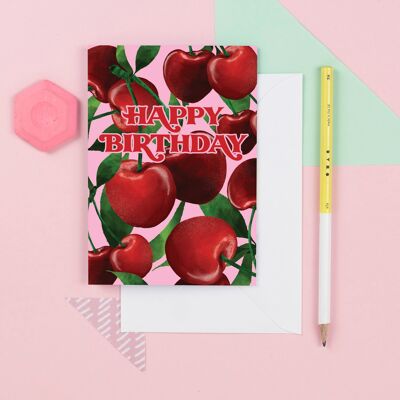 Tarjeta del feliz cumpleaños de las cerezas | Tarjetas de felicitación | Tarjeta de cereza