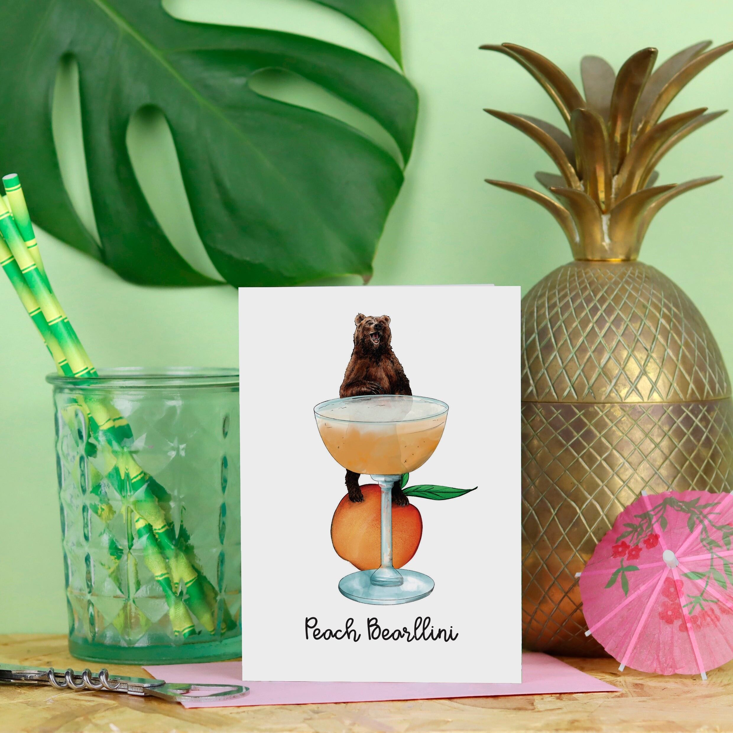 Biglietto d'auguri Peach Bearllini | Biglietto di compleanno divertente | Cocktail | Carta dell'orso