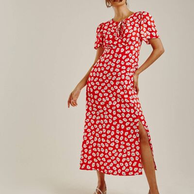 Kleid aus Chiffon mit Gänseblümchen-Print | Rot