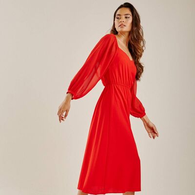 Balloon Sleeve Midi Dress | Red