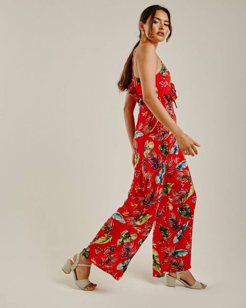 Tropical Print Ruffled Jumpsuit | Red