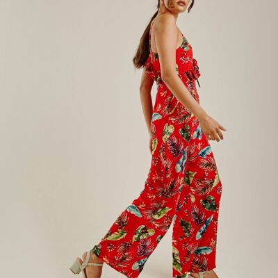 Tropical Print Ruffled Jumpsuit | Red