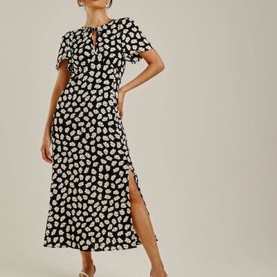 Daisy Print Chiffon Front Slit Dress | Black