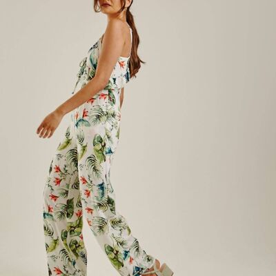 Tropical Print Ruffled Jumpsuit | White