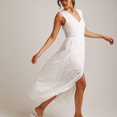 Gewickeltes Kleid mit strukturiertem Broderie-Saum | Weiß