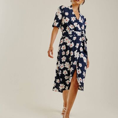 Daisy Printed Wrapped Hem Dress | Dark Blue