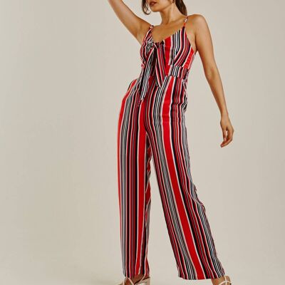 Front Knot Vertical Striped Jumpsuit | Red