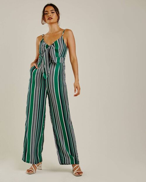 Front Knot Vertical Striped Jumpsuit | Green