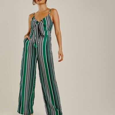 Front Knot Vertical Striped Jumpsuit | Green