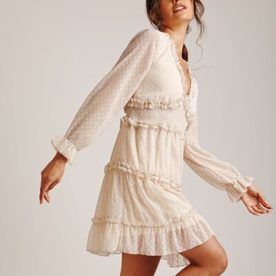 Bobble Textured Frilled Mini Dress | Beige