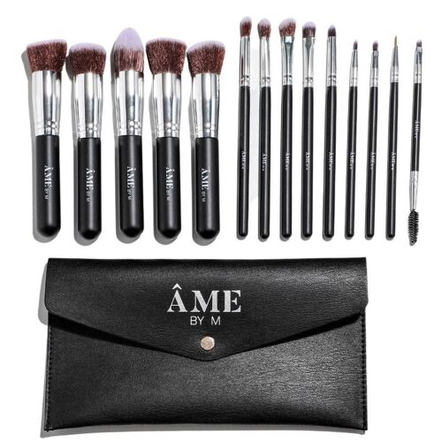 14 Piece Black and Silver Professional Vegan Makeup Brush Set With Black Travel Clutch Makeup Bag
