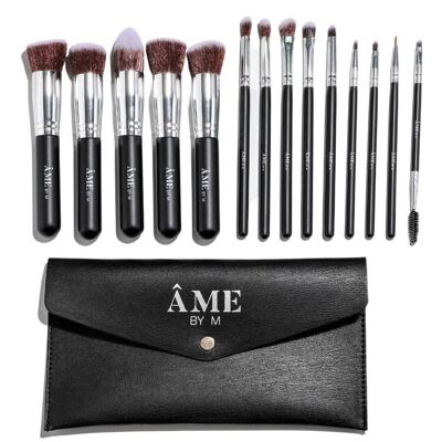 14-teiliges professionelles veganes Make-up-Pinsel-Set in Schwarz und Silber mit schwarzer Reise-Clutch-Make-up-Tasche