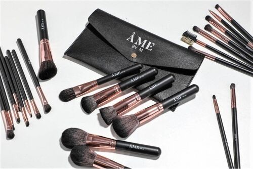 24 Piece Rose Gold Black Professional Vegan Synthetic Makeup Brush Set with Black Travel Clutch Makeup Bag