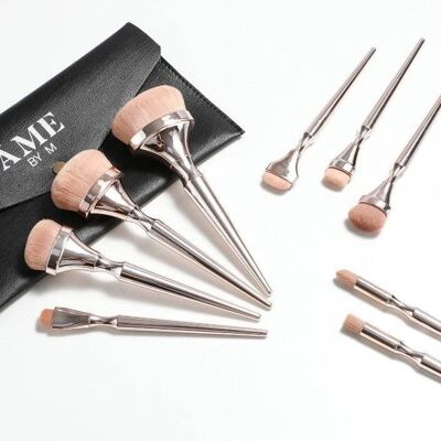 9 Piece Gold Vegan HD Blending Makeup Brush Set with Black Travel Clutch Makeup Bag