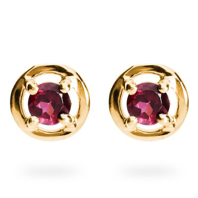 Futuristic earrings 925 silver with rhodolite, yellow gold plated