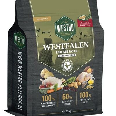 Comida seca para perros Westfalen 7,5 kg (con un 60% de pato y faisán)