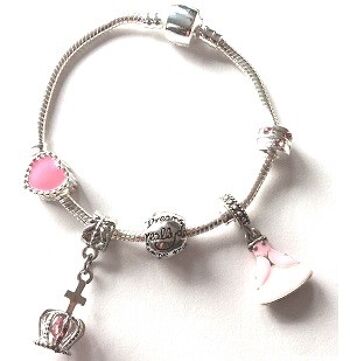 Bracelet Enfant Rose 'Fairytale Princess' Plaqué Argent Perle Charm 17cm