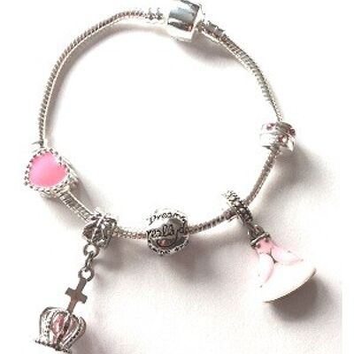 Versilbertes Charm-Perlen-Armband für Kinder in Rosa mit 'Märchenprinzessin', 18 cm