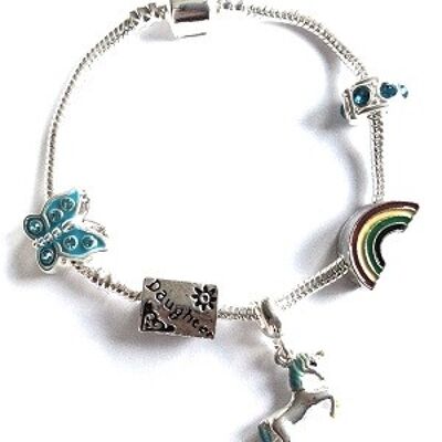 Fille d'enfant 'Licorne Magique' Bracelet Perle Charm Plaqué Argent 17cm