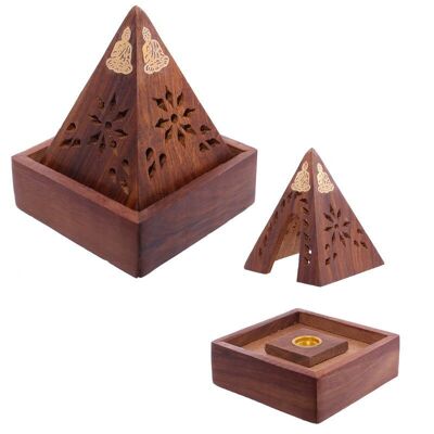 Sheesham Wood Pyramid Incense Cone Burner Box with Buddha