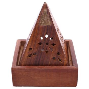 Boîte à cône d'encens pyramide en bois de sheesham avec bouddha 3
