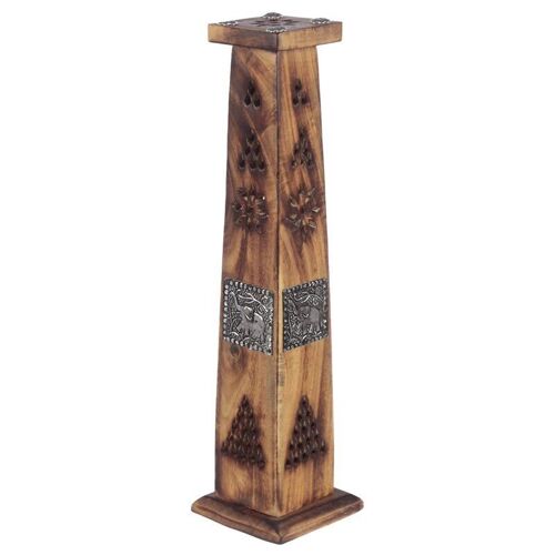 Mango Wood Ashcatcher Tower Burner with Elephant Inlay