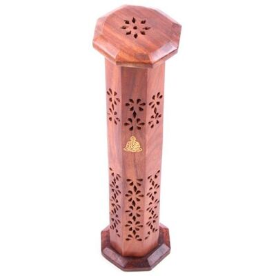 Quemador de torre Ashcatcher de madera de sheesham con incrustaciones de Buda