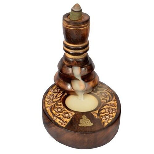 Flower Garden Carved Mango Wood Backflow Incense Burner