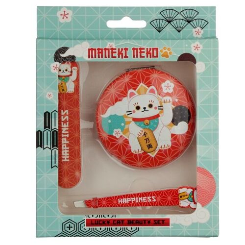 Lucky Cat Compact Mirror, Nail File and Tweezers Beauty Set