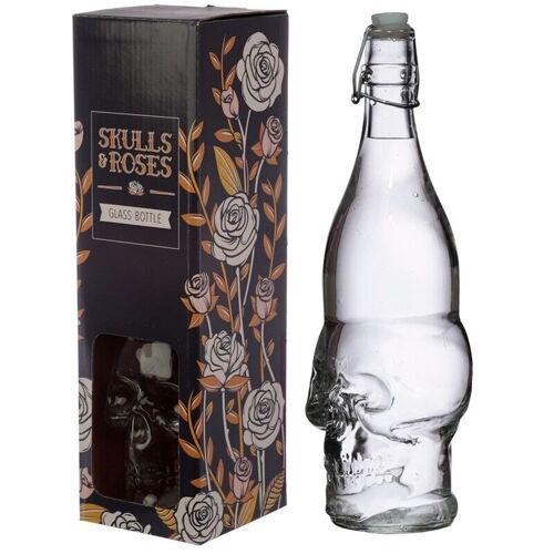 Skulls & Roses Clear Glass Skull Shaped Water Bottle 1L